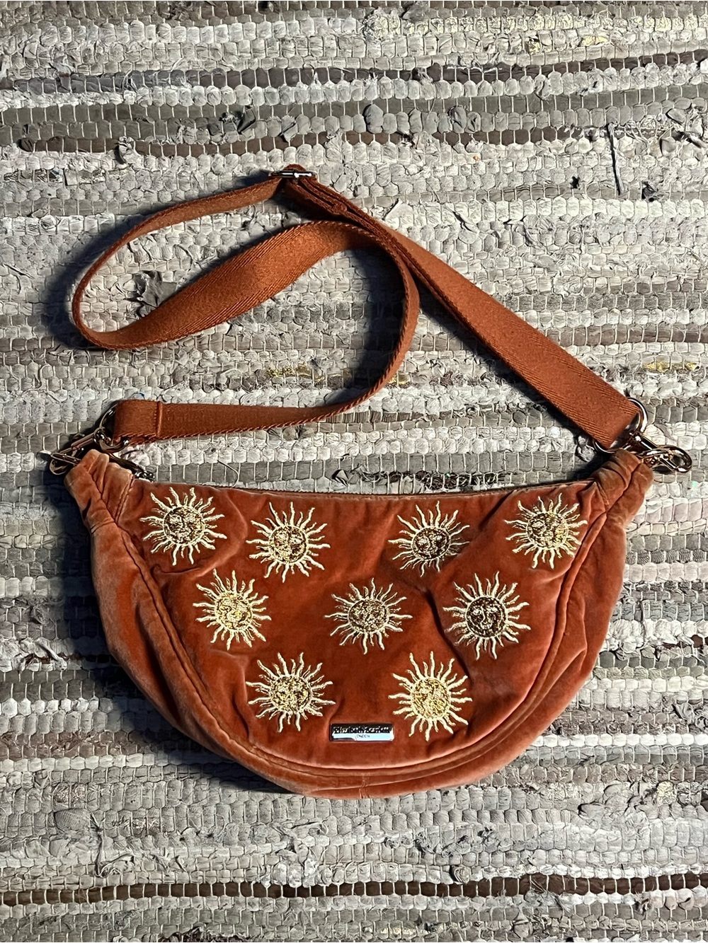 Embroidered Sun Motif Rust Crossbody Bag
